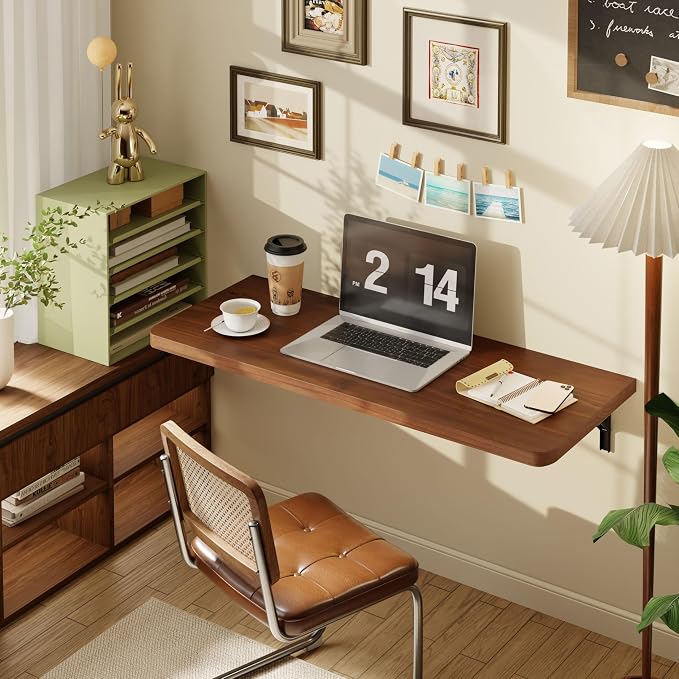 Dogsky Floating Wall Desk, 36" x 14" Wall Mounted Folding Table, Pine Wood Fold Down Wall Table, 200 lb Capacity Wall Mount Desk for Small Apartment, Laundry Room,Kitchen,Bar & Computer Use, Walnut