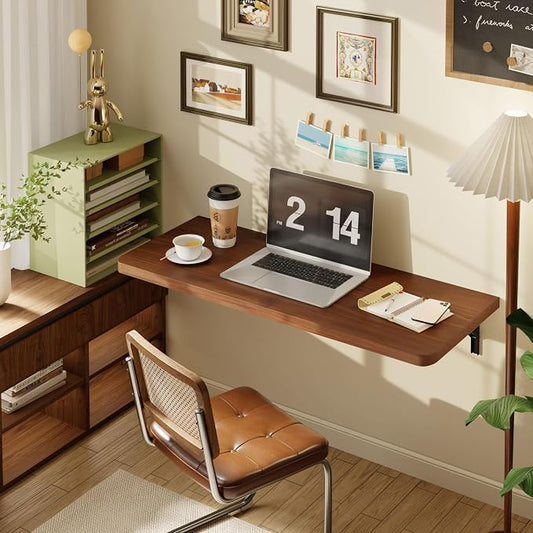 Dogsky Floating Wall Desk, 36" x 14" Wall Mounted Folding Table, Pine Wood Fold Down Wall Table, 200 lb Capacity Wall Mount Desk for Small Apartment, Laundry Room,Kitchen,Bar & Computer Use, Walnut