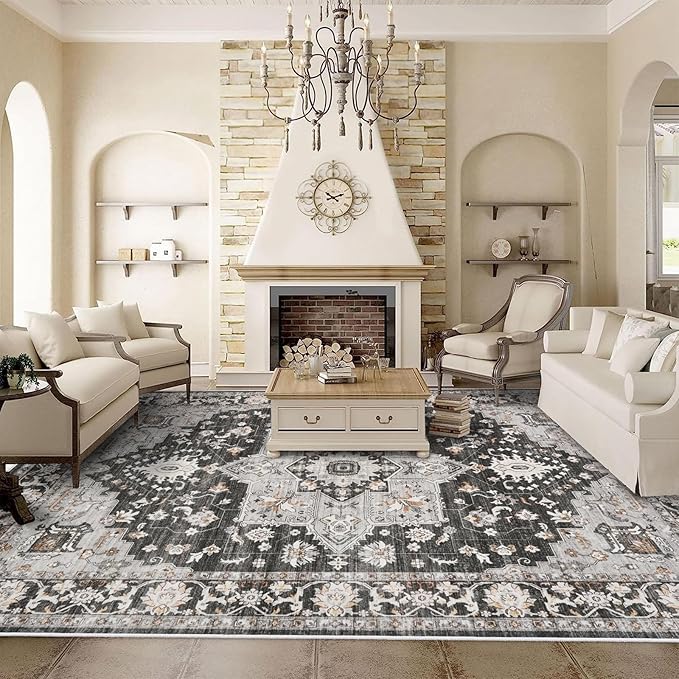 Washable Oriental Area Rug - 9x12 Rugs for Living Room Soft Carpet for Bedroom Waterproof Floral Distressed Indoor Stain Resistant Non-Shedding Floor Carpets (Black, 9x12)
