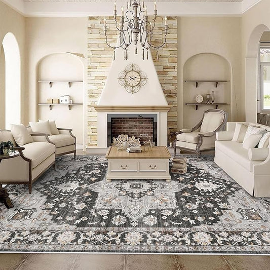Washable Oriental Area Rug - 9x12 Rugs for Living Room Soft Carpet for Bedroom Waterproof Floral Distressed Indoor Stain Resistant Non-Shedding Floor Carpets (Black, 9x12)