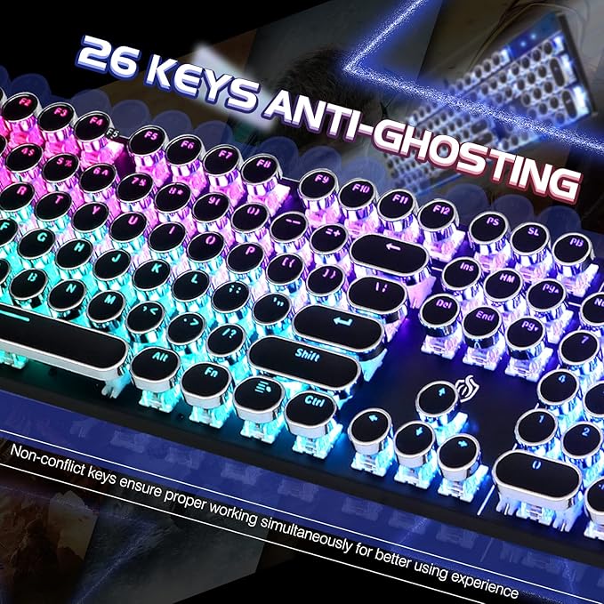 Typewriter Style Mechanical Gaming Keyboard RGB Backlit Wired with Blue Switch Retro Round Keycap 104 Keys Keyboard Compatible with Laptops/Chromebook/Desktop (Black 104 Keys RGB)