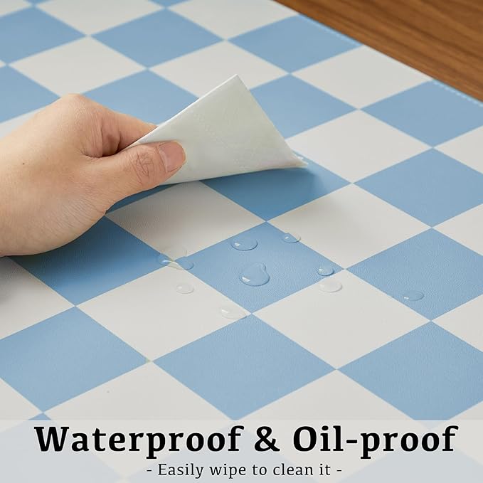 Checkered Desk Mat, Large Cute Aesthetic Retro PU Leather Computer Laptop Desk Mat, Non-Slip Waterproof Mouse Keyboard Pad, Desk Writing Mat for Work/Home (Blue, 23.6" x 13.7")