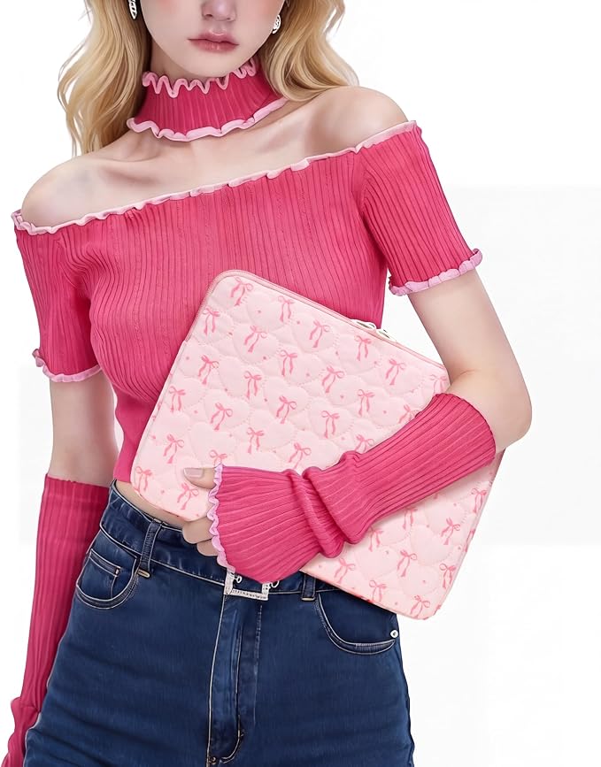 Cute Bow Puffy Laptop Sleeve 13-15 Inch Cute Quilted Laptop Protective Case Padded Bow Computer Sleeve for MacBook