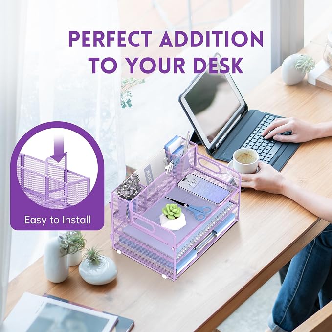 3-Tier Desk Organizer with Pen Holder and Handles, Paper Organizer, Purple | Desk Organizer and Paper Organizer for Desk with Pen Holder, Paper Trays and Handles for Files, Mail and Office Supplies