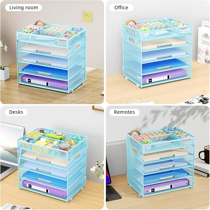 Marbrasse 5 Tier Paper Organizer, Mesh Desk Letter Tray with Handle,Blue | Paper Sorter Desk Organizer for Letter/A4 Office File Folder Holder Home Office Supplies