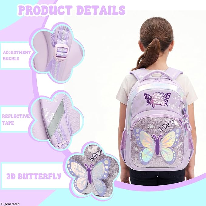 School Backpack for Girls,Kids Backpack with Lunch Box Set Cute Butterfly Kids Bookbag,Elementary Backpack for Girls,Lightweight Travel Daypack