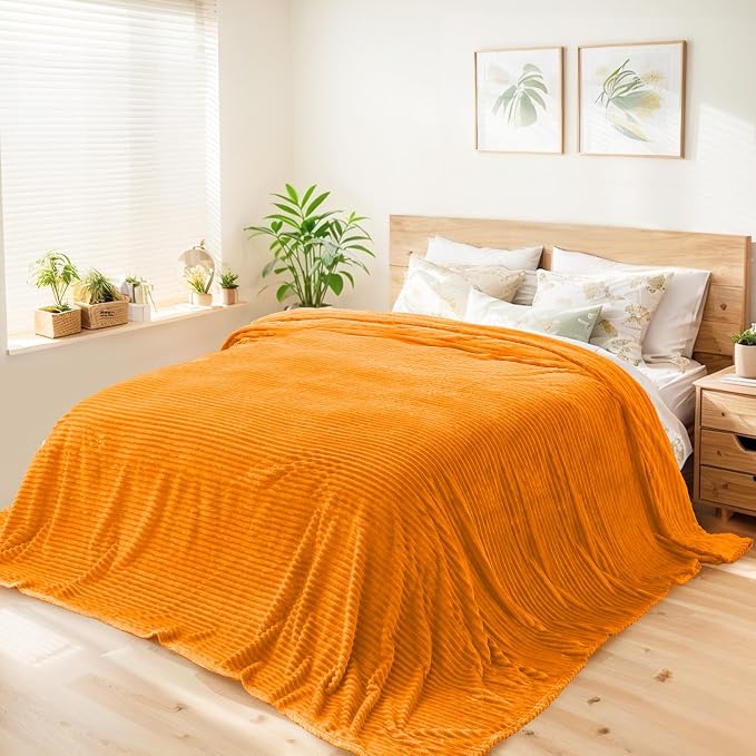 Vessia Flannel Fleece Queen Size Blanket for Bed,Couch,Sofa(90x90inch), 300GSM Microfiber Orange Striped Bed Blanket for Adults, Super Soft Warm Cozy Lightweight Ribbed Decor for All-Season
