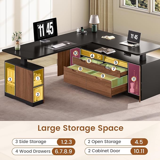SEDETA L Shaped Electric Standing Desk, 69" x 55" Height Adjustable Office Executive Desk with 4 Drawers and Storage Shelves, Fluted Sit Stand Computer Desk with Power Outlet (Modern Black+ Brown)