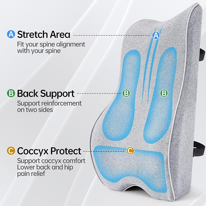 Plush & Comfortable Memory Foam Lumbar Support Pillow - Soft Back Cushion for Office Chair, Car Seat, Gaming Chair - Ergonomic Lower Back Pain Relief with Adjustable Straps & Washable Cover-Light Grey