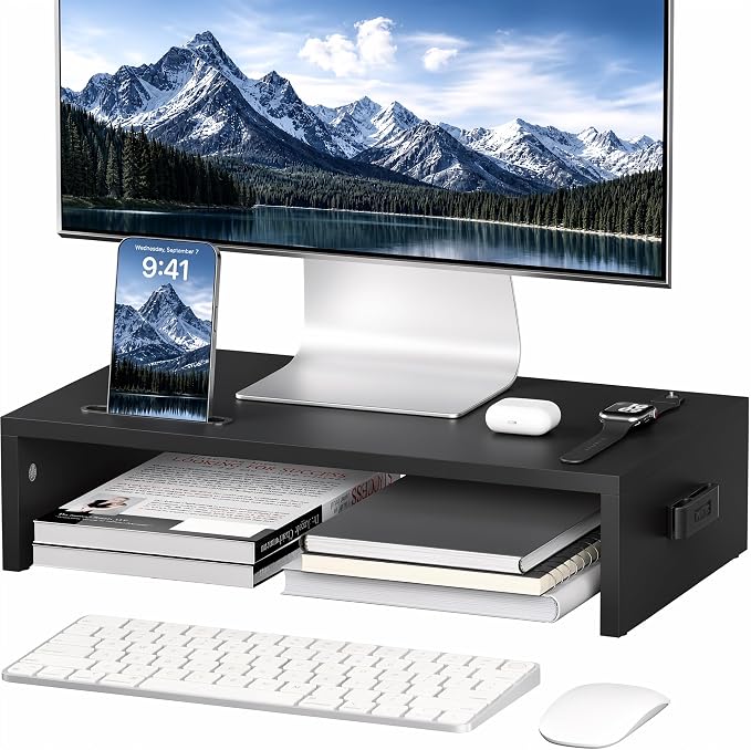 1home Monitor Stand Riser, 16.7 Inch Wood Monitor Riser Stand with Storage Organizer, Desktop Ergonomic Monitor Stand Riser with Cellphone Holder and Cable Management, Black | 16.7 Inch Wood Monitor Riser Stand, Desktop Stand for PC/TV/Laptop/Printer, ...
