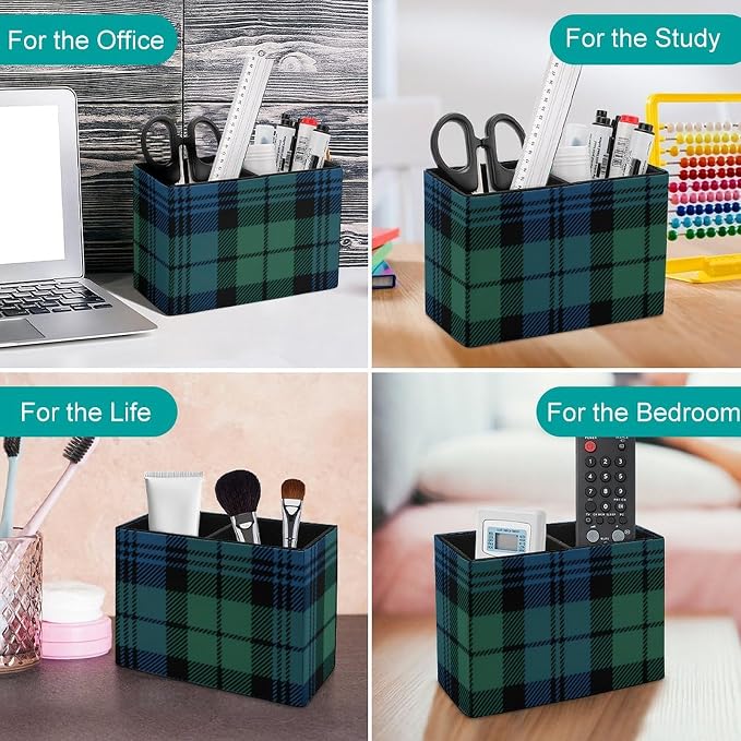 Green Blue Tartan PU Leather Pen Holder Desk Organizer, 2-Compartment Pencil Container for Office, Home, Vanity Use