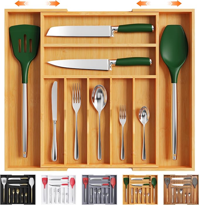 Large Premium Bamboo Silverware Organizer - Expandable Utensil Drawer Organizer - 17"x19.6" Utensil Holder and Cutlery Tray with Grooved for Kitchen Flatware and Utensils Mother's Day Gift