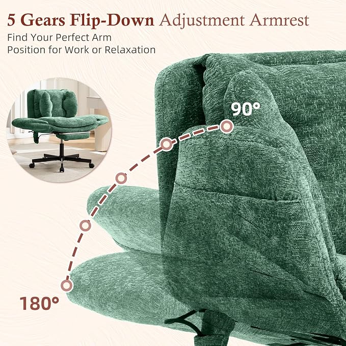 Criss Cross Office Chair with Footrest and 5-Gear Adjustable Arms, Green | Wide seat cross-legged desk chair, flip lumbar pillow, airbag support, chenille fabric, for home office vanity and meditation