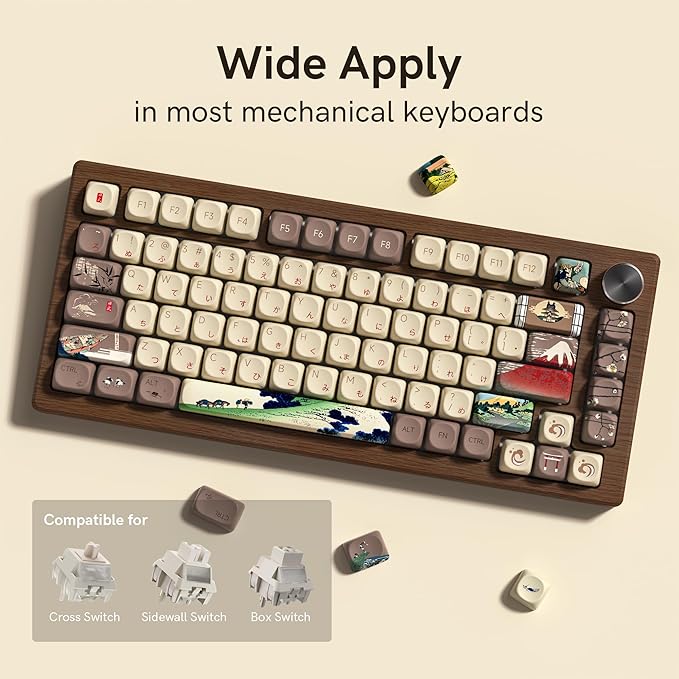 Womier Japanese Keycaps Set 130 Keys MOA Profile for Mechanical Keyboards, Brown Beige Custom PBT Keycaps Set, Dye Sub Side Print, 60 65 75 100 Percent for US Layout Mechanical Keyboard (Fuji)