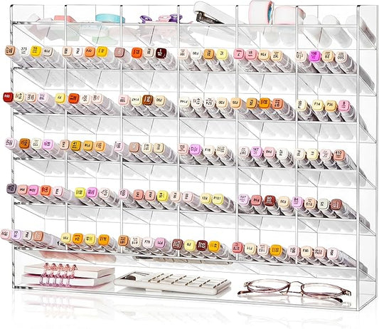 MotiMind Acrylic Pen Organizer Storage for 420 Markers Vertical Marker Organizer Acrylic Pen Display Holder for Office Desk Desktop Stationery Pencil Storage, Clear, 18 x 4 x 14.5 Inch