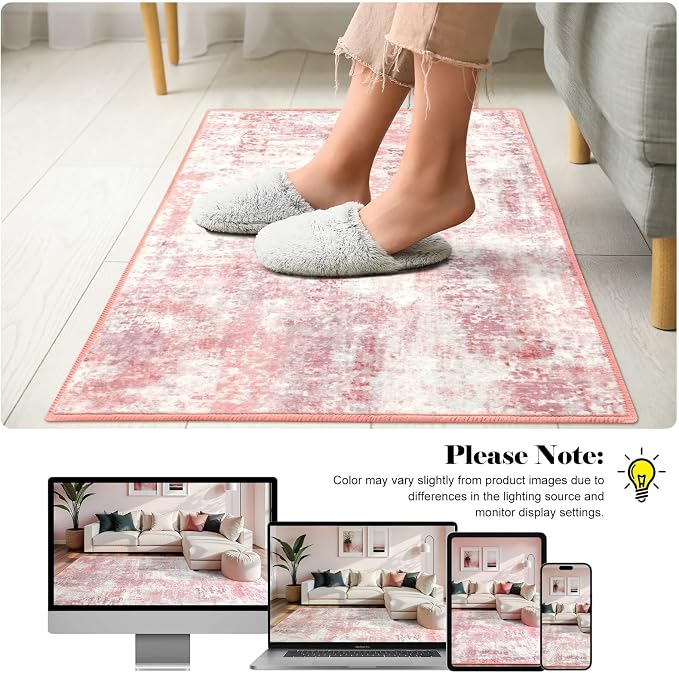 Macgace Washable Abstract Rug, 2x3 Small Modern Area Rugs with Non-Slip Rubber Backed for Kitchen, Thin but Soft Throw Carpet Bedroom Entryway Front Door Decor, Pink