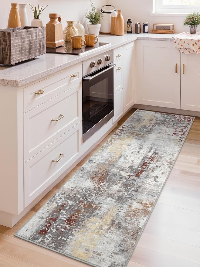 Macgace Washable Abstract Runner Rug, 2x6 Modern Area Rugs with Non-Slip Rubber Backed for Kitchen, Thin but Soft Contemporary Carpet Bedroom Entryway Hallway Decor, Rusty Brown