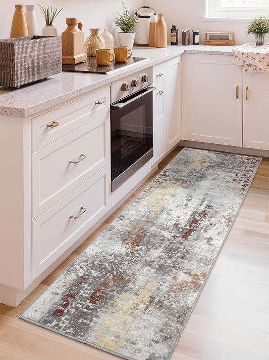 Macgace Washable Abstract Runner Rug, 2x6 Modern Area Rugs with Non-Slip Rubber Backed for Kitchen, Thin but Soft Contemporary Carpet Bedroom Entryway Hallway Decor, Rusty Brown