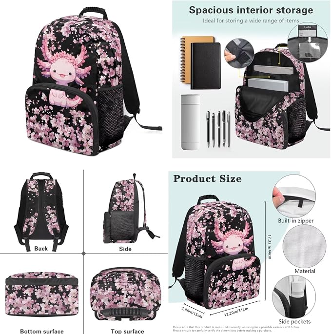 Ystardream Funny Axolotl Backpack and Lunch Box Set for Girls School Bag Lightweight Middle Primary School Bookbag Trendy Cherry Blossom Backpack with Lunch Box Pencil Case Water Bottle Sleeve,4 Pcs