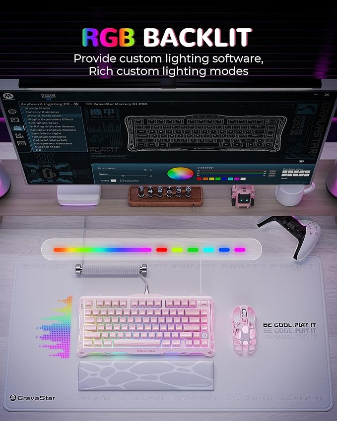 GravaStar Mercury K1 75% Pink Wireless Keyboard, Aluminum Alloy Exoskeleton Design Mechanical Gaming Keyboard, Gasket Hot-Swap Socket, Linear Switches, RGB Backlit【Sakura Pink】