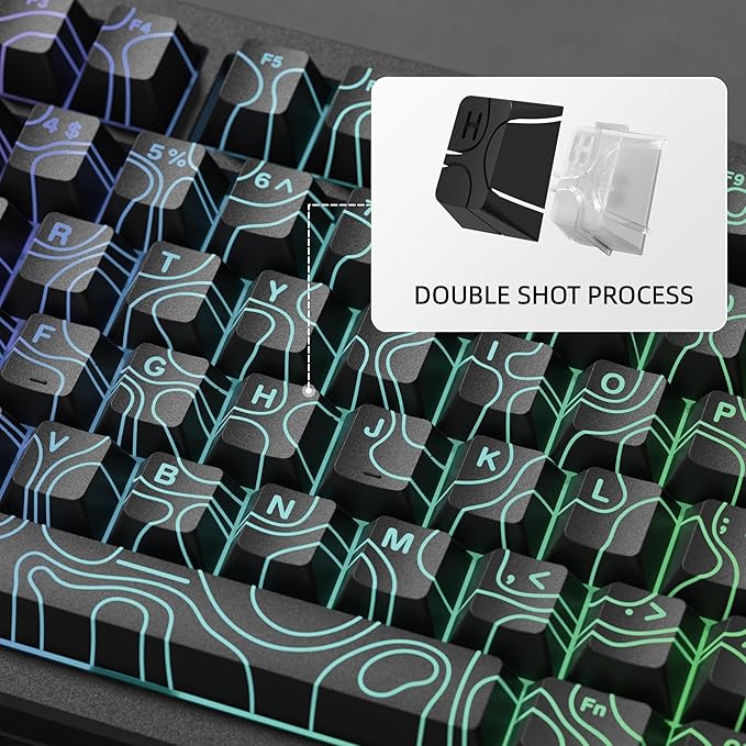 dagaladoo Double Shot PBT keycaps 118 Keys Set Black Topographic Shine Through Custom keycaps Cherry Profile Custom Keyboard Key caps for 60/65/75/TKL/96/100% US Layout Mechanical Keyboard