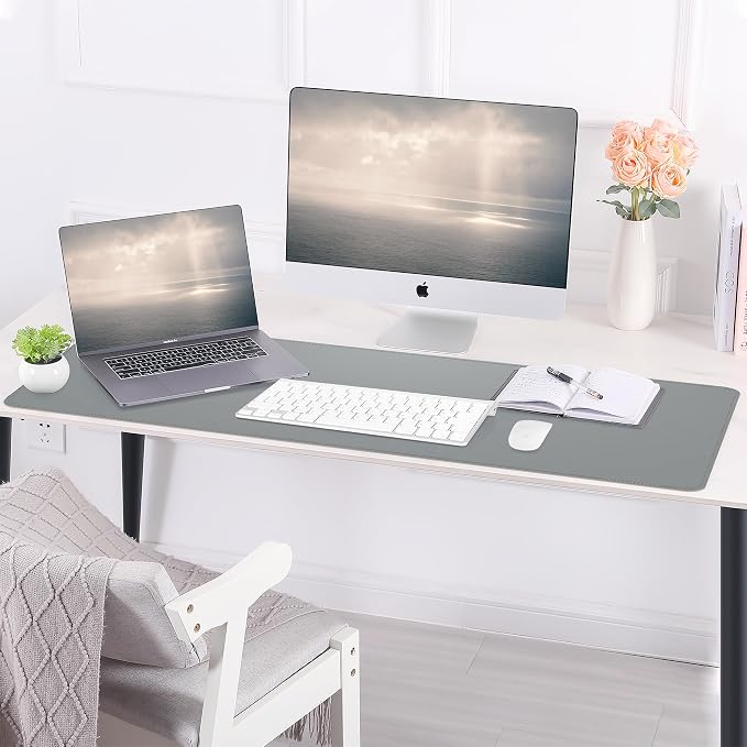 AFIING Leather Desk Pad Protector, 47" x 17" Large Desk Mat with Natural Cork & PU Leather, Mouse Pad, Non-Slip, Waterproof Desk Writing Pad for Office and Home (Light Gray)