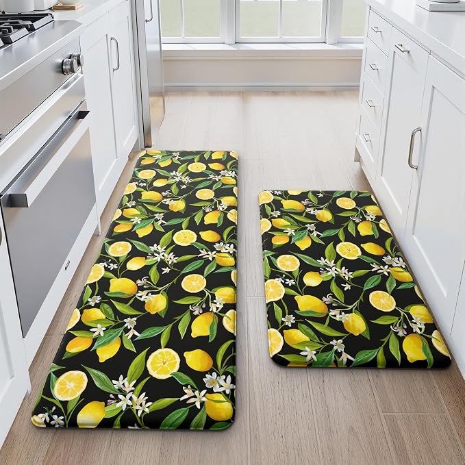 MAYHMYO Lemon Kitchen Decor Mat Set, 2PC Kitchen Mats, Anti Fatigue | Lemon Pattern,Lemon decor,Cushioned comfort,Non-slip backing,Easy to clean,Water-resistant,Kitchen,Laundry