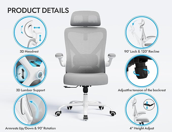 Ergonomic Office Chair: Mesh Desk Chair Comfy with Headrest& Lumbar Support | Ergalithic Big and Tall Office Chairs with Wheels & Flip-Up Arms-Computer Gaming Chairs for Adults Home Office Chairs(Grey)