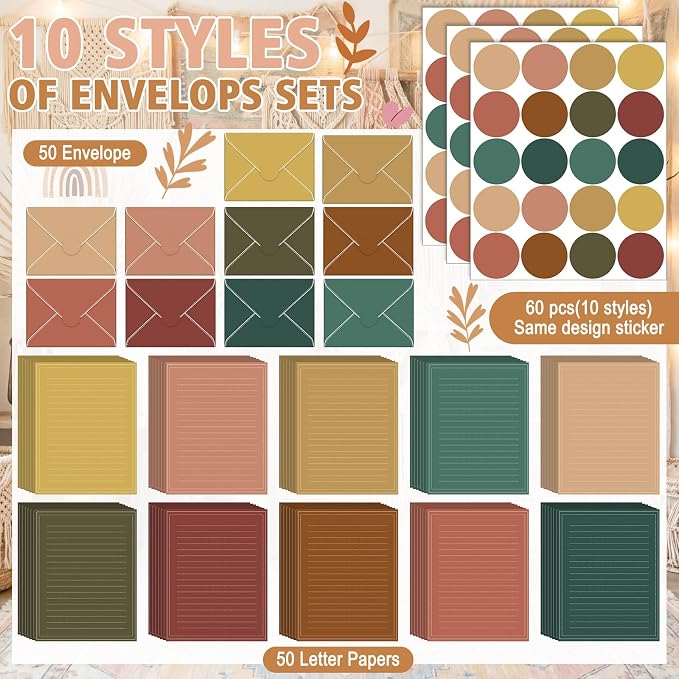 TaoBary 160 Packs Stationery Paper Set (50 Double Sided Stationery Writing Papers 50 Matching Envelopes) 60 Round Dot Sticker, 10 Design(5.5 x 8.25 Inch,Bohemia Color)