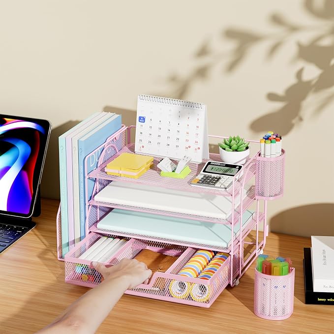 Marbrasse 4-Tier Paper Tray Organizer with Drawer and Pen Holder, Pink | Metal Mesh Desk Organizer, Built-in Drawer & 2 Pen Slots, fits letters/Files, for School Home Office Supplies