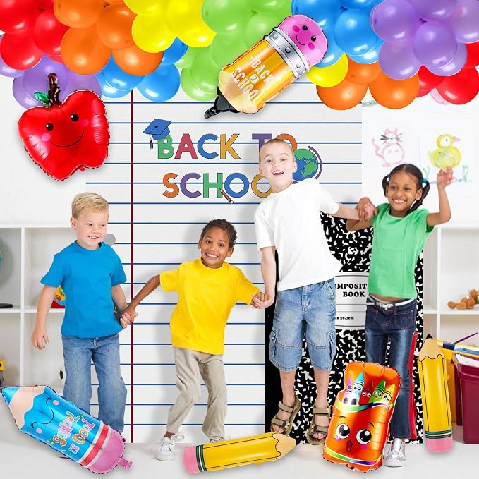 Hahafelt 158 Pcs Back to School Party Decorations Rainbow Balloon Garland Arch Kit with Composition Notebook Backdrop Giant Apple Crayon Pencil Balloon for First Day of School Classroom Party Supplies