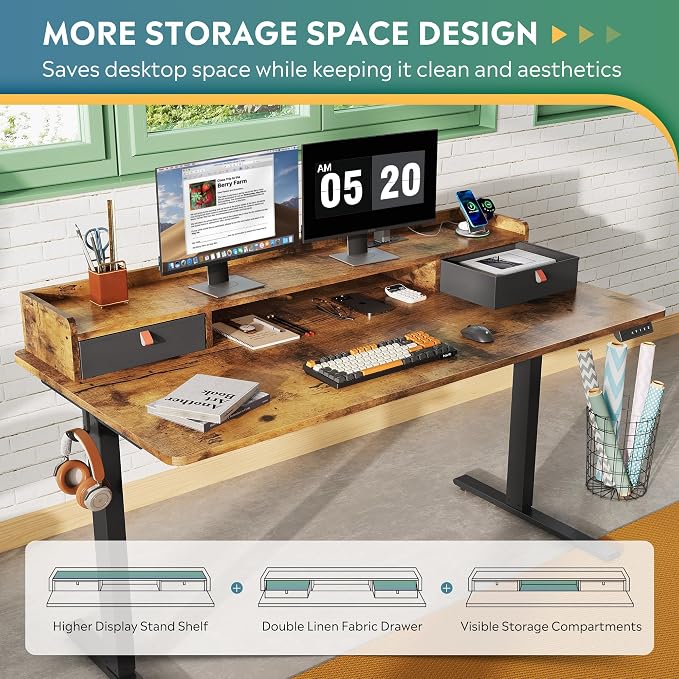 DEVAISE 55 Inch Standing Desk with Sheft, Ergonomic Computer Desk, Rustic Brown