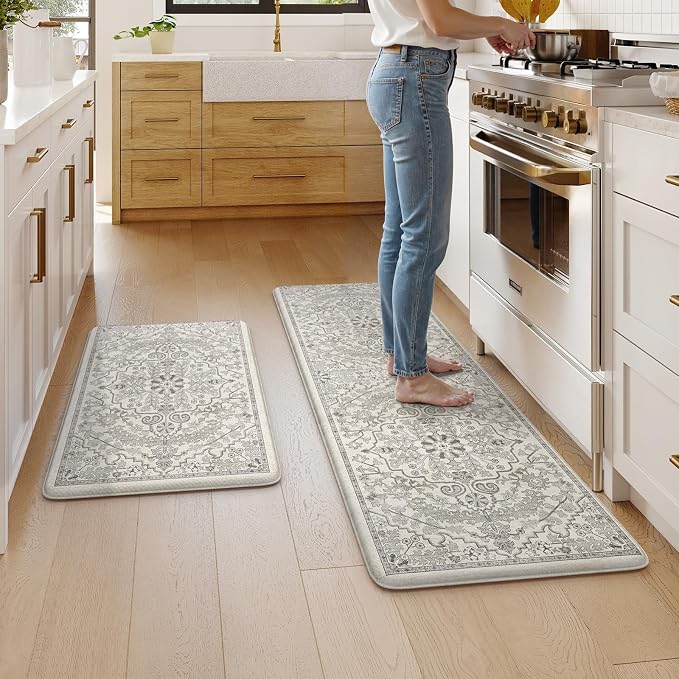 KIMODE Anti Fatigue Kitchen Mats for Floor, Boho Distressed Kitchen Rugs | 2 Piece Memory Foam Cushioned Kitchen Floor Mats, Summer Standing Desk Mats for Laundry Office Sink Grey 20"x59"+20"x32"