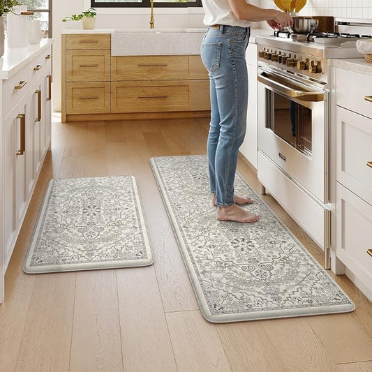 KIMODE Anti Fatigue Kitchen Mats for Floor, Boho Distressed Kitchen Rugs | 2 Piece Memory Foam Cushioned Kitchen Floor Mats, Summer Standing Desk Mats for Laundry Office Sink Grey 20"x59"+20"x32"