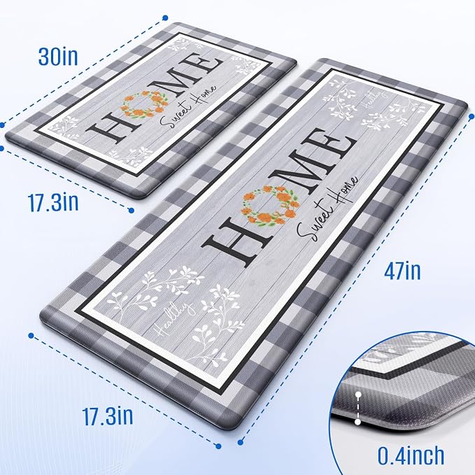 Kitchen Rugs, 2 PCS Kitchen Mats for Floor, Cushioned Non-Slip Anti Fatigue Mats for Kitchen Floor, Kitchen Runner Rugs for Standing Desk, Office, Laundry (17.3’’ x 30’’ + 17.3’’ x 47.2’’)
