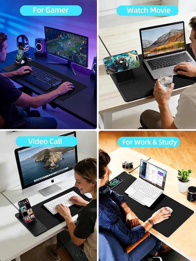 Mouse Pad with Magnetic Wireless Charging & Adjustable Phone Stand | 27.5"x11.8" Computer Mouse Mat with Anti-Slip Base & Stitched Edge, Easy Gliding, Spill-Resistant Surface, Black