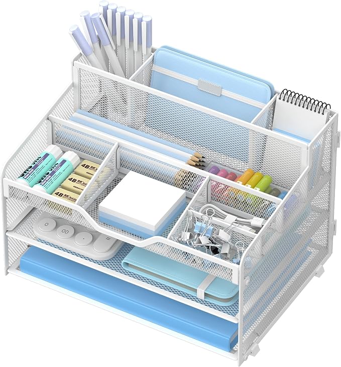 3 Tier Mesh Paper Desk Organizer with Pen Holders, White | Features 3 pen holders, and 5 adjustable compartments for office school home desk storage