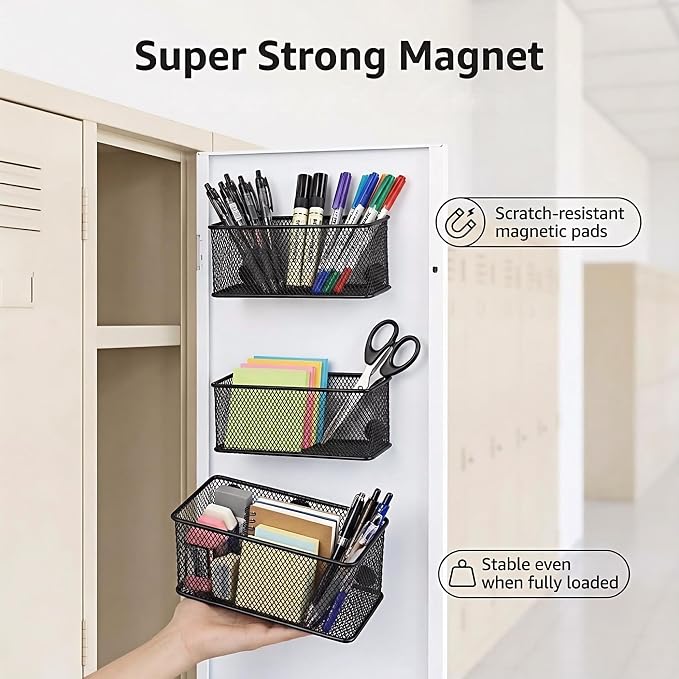 Neudeco Magnetic Locker Organizer, Wire Mesh Storage Baskets, Black | Pack of 3, Magnetic Pencil Holder, For Dry Erase Markers, Fridge, Whiteboard, School Locker