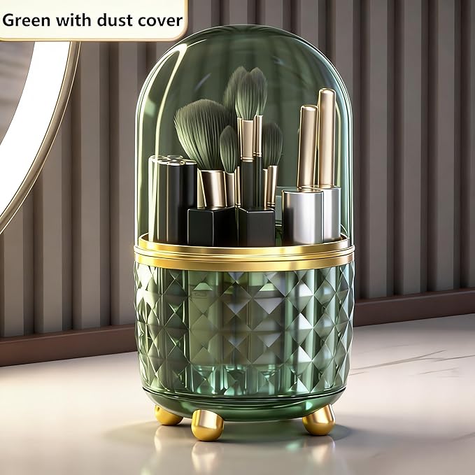360° Rotating Pencil Holder for Desk, Makeup Brush Holder with 6 Slots, Desk Organizer for Writing Utensil, Office and School Supplies (Green with cover)