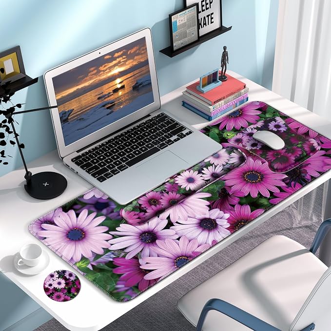 Desk Mat Set + Keyboard and Mouse Pad with Wrist Rest Support,4-in-1 Large Mousepad Computer Mats for Desktop Home & Office -Daisy