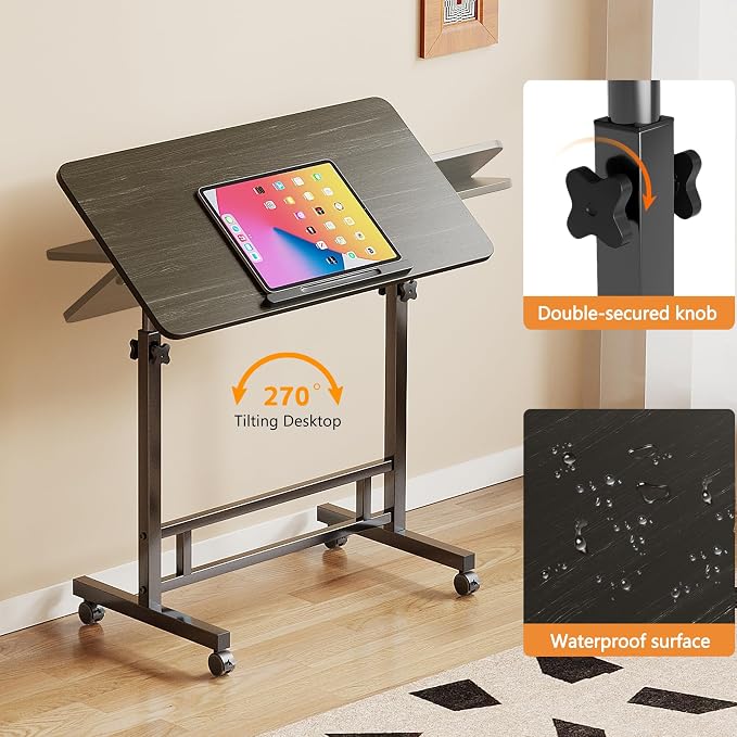 Laptop Table Mobile Adjustable Height Portable Desk Notebook Swivel PC Computer Rolling Desk with Wheels, Laptop Stand for Couch Bedside Hospital Bed Table (Black Table)