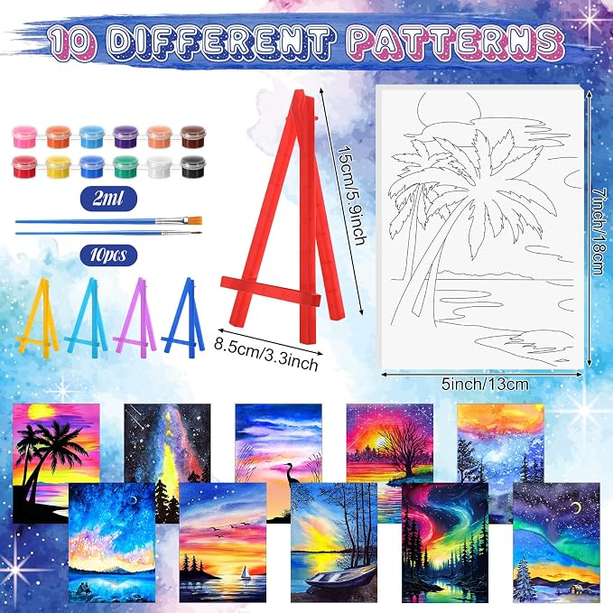Blosssound 10 Set Pre Printed Canvas Pre Drawn Canvas Painting with Easel Kits 5" x 7" Outline Painting Panels for Beginners, DIY Craft Project, Home Decors(Dream Sky)