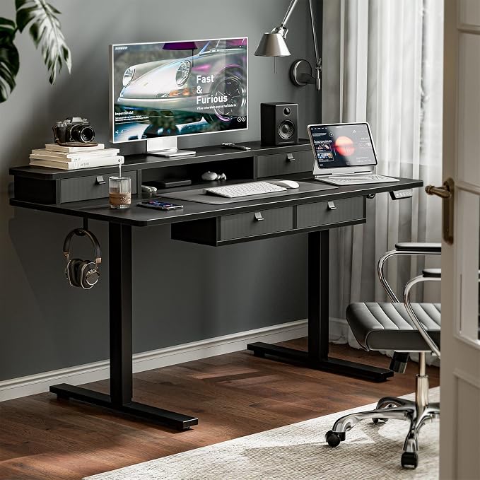 Grandder Electric Standing Desk with Four Drawers, Sit to Stand Up Height Adjustable Desk with Storage Shelf for Home Office, 47 * 28 Inch, Study, Ergonomic Adjustable Computer Desk, Black