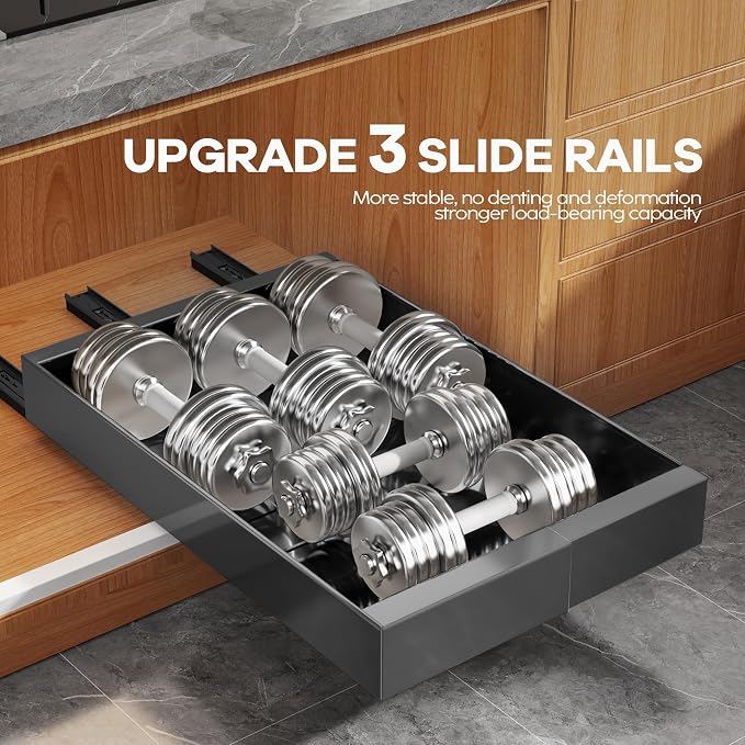 Seinloes 4 Pack Expandable Width (9"-14.1") Pull Out Cabinet Organizer 21" Deep with Raising Pad for Framed Cabinets, Upgrade 3 Slide Rails Slide Out Drawers, Roll Out Shelves Adhesive, Black