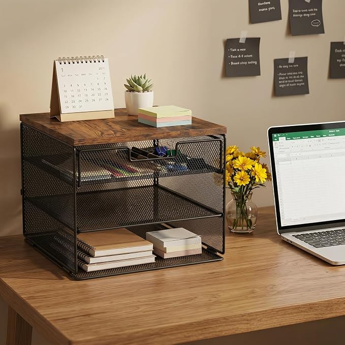 4-Tier Mesh Desk Organizer and Accessories with Drawer Wooden Top Desktop Organizers Letter Tray Paper Organizer File Holder for Home Office School Black
