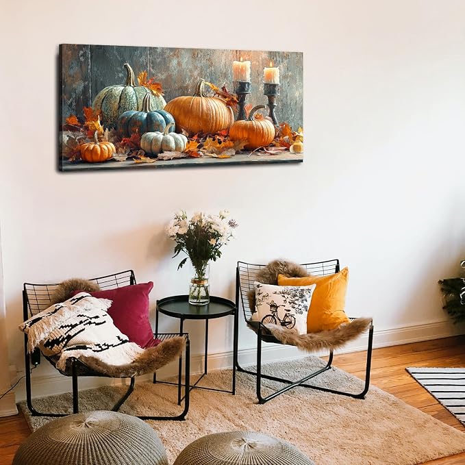 Pumpkin Wall Art Fall Kitchen Wall Decor Farmhouse Halloween Pictures Autumn Maple Leaves Canvas Prints Orange Pumpkins Painting Thanksgiving Artwork for Dining Room Bedroom Home Decoration 20x40"