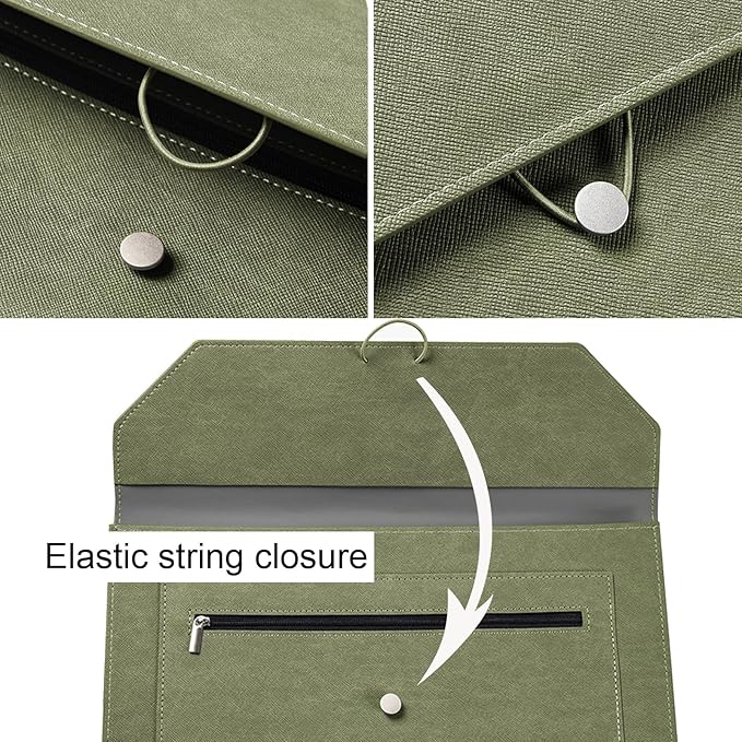 PU Leather A4 File Folder Document Holder 2 Pockets Portfolio Envelope Folder Case with Elastic String 3/4 Inch Expansion (Green)