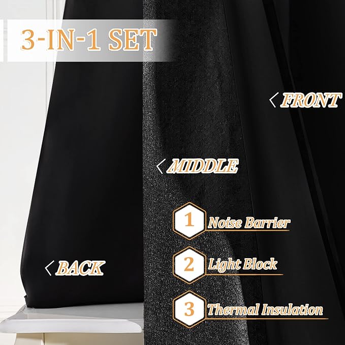 RYB HOME Soundproof Curtains for Bedroom - 3 Layers 100% Blackout Noise Cancelling Thermal Insulted Curtains for Living Room Home Theatre Office Window Decor, W 42 x L 63 inch, Black, 1 Pair