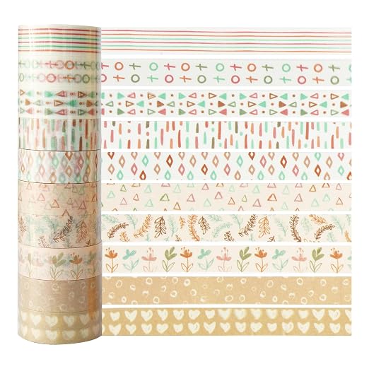 Boho Washi Tape Set 10 Rolls Cute Masking Graphic Floral Pattern Decorative Tapes for Arts, DIY Crafts, Journals, Planners, Scrapbook, Wrapping (Retro)