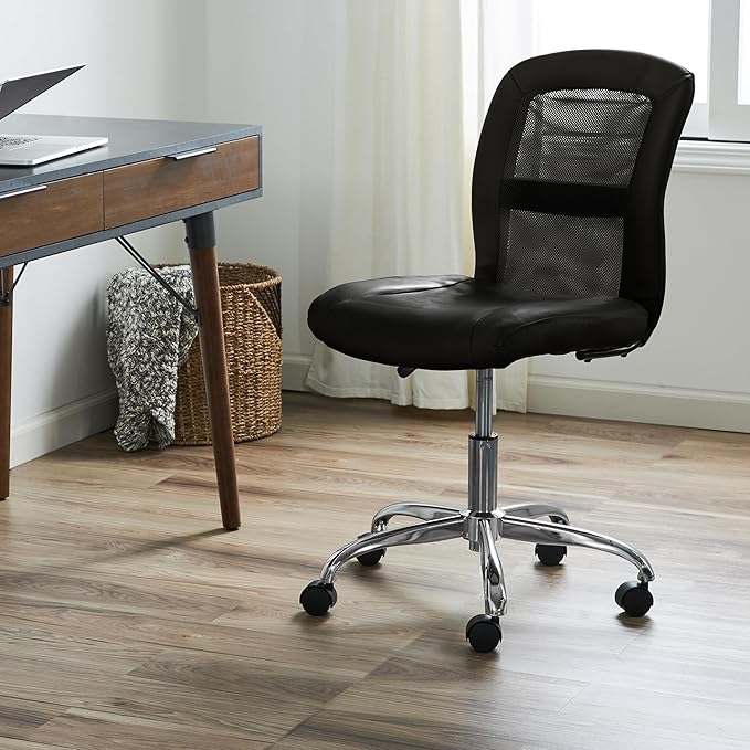 Serta Armless Small Home Desk Chair with Wheels, Ergonomic Mesh Back Chair | Leather & Foam Cushion Seat, Adjustable Height, Small Vanity Chair for Bedroom & Small Spaces, Home Office Desk Chair, Black